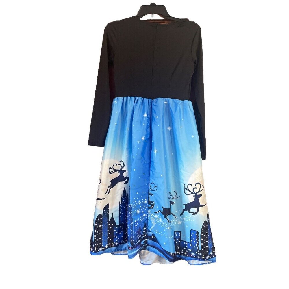 Moking Top Womens Christmas Dress Small Santa Long S Black Blue Reindeer NYC - Picture 8 of 12